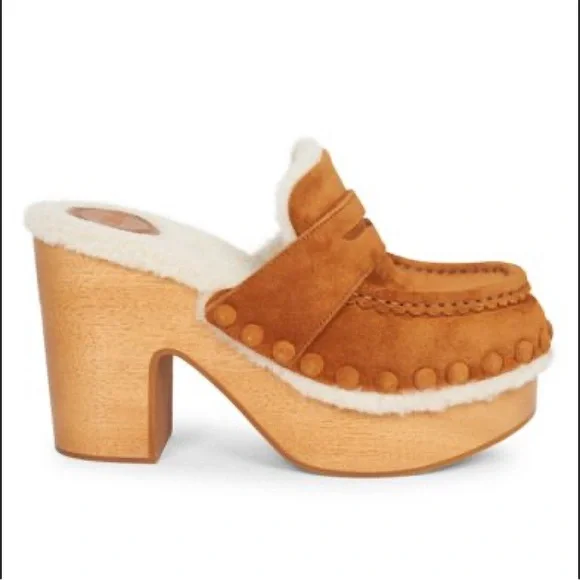🤎SOLD🤎Chloe Joy Suede & Shearling Caramel Cognac Block Heel Clogs Size 39 EU - Picture 11 of 11